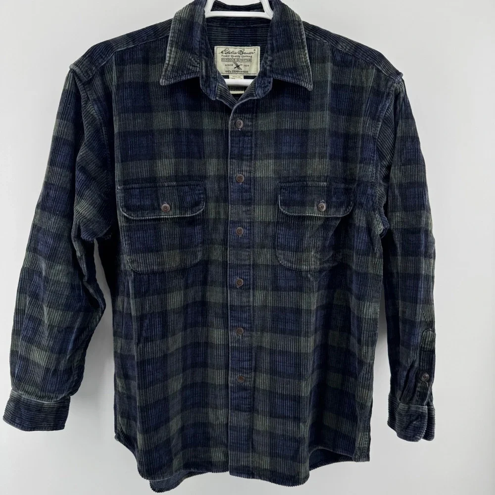 Eddie Bauer Corduroy Shirt Mens Large Blue Green Plaid Long Sleeve Button Down
